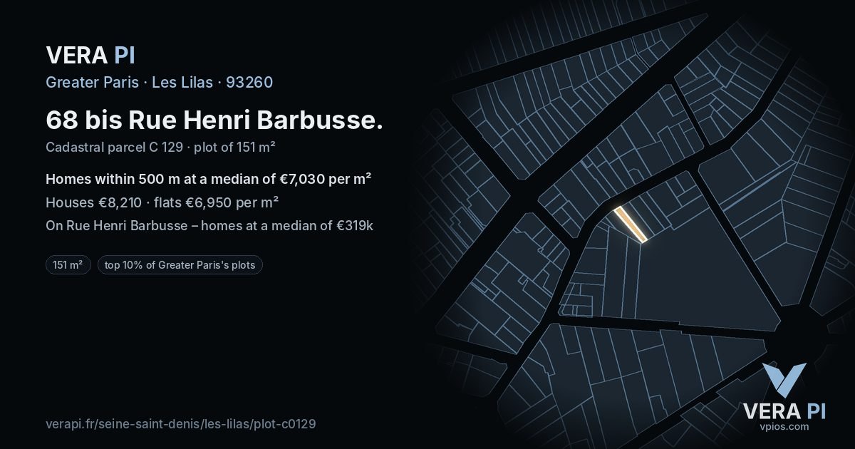 68 bis Rue Henri Barbusse, Les Lilas at night – the plot lit, the parcels around coloured by the prices near them