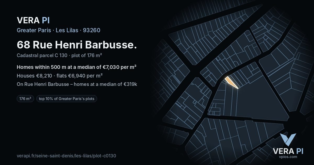68 Rue Henri Barbusse, Les Lilas at night – the plot lit, the parcels around coloured by the prices near them