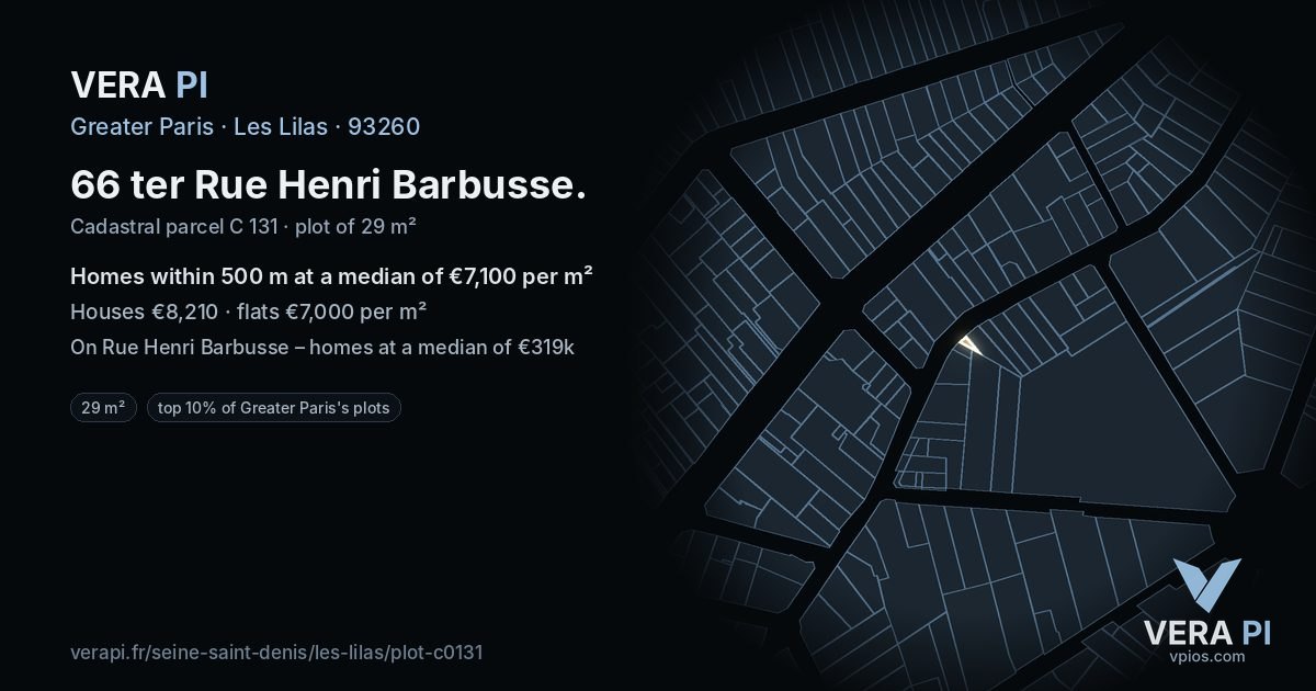 66 ter Rue Henri Barbusse, Les Lilas at night – the plot lit, the parcels around coloured by the prices near them