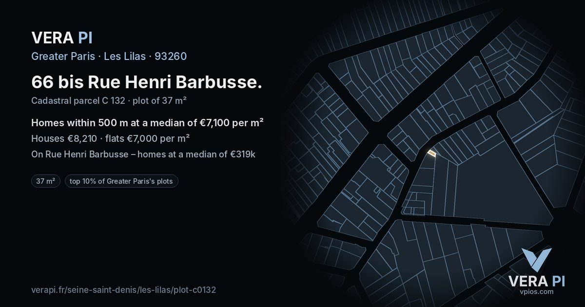 66 bis Rue Henri Barbusse, Les Lilas at night – the plot lit, the parcels around coloured by the prices near them