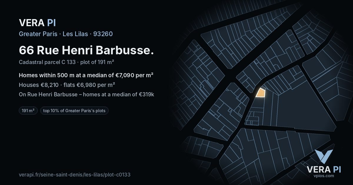 66 Rue Henri Barbusse, Les Lilas at night – the plot lit, the parcels around coloured by the prices near them