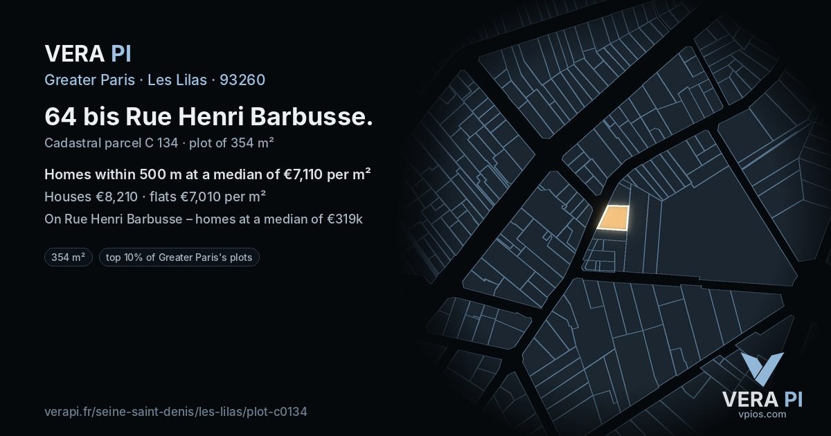 64 bis Rue Henri Barbusse, Les Lilas at night – the plot lit, the parcels around coloured by the prices near them