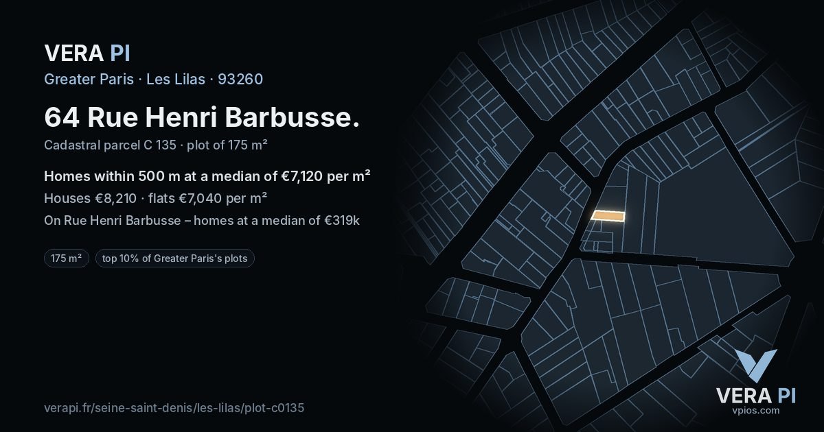 64 Rue Henri Barbusse, Les Lilas at night – the plot lit, the parcels around coloured by the prices near them