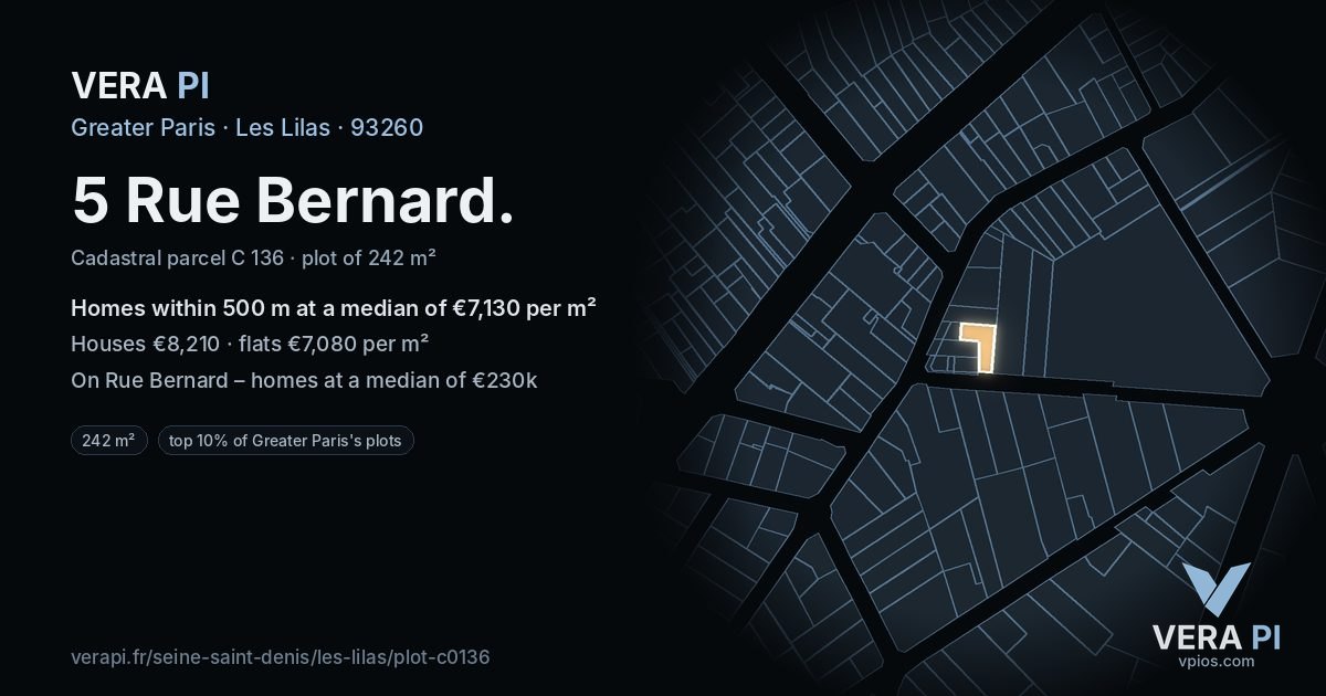 5 Rue Bernard, Les Lilas at night – the plot lit, the parcels around coloured by the prices near them