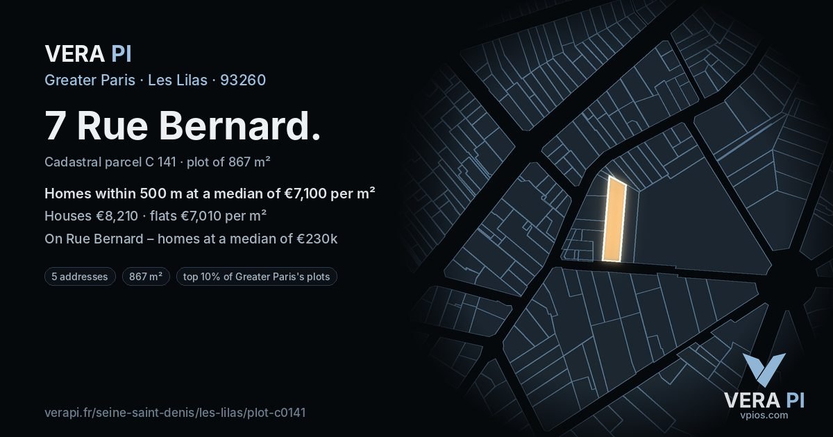 7 Rue Bernard, Les Lilas at night – the plot lit, the parcels around coloured by the prices near them