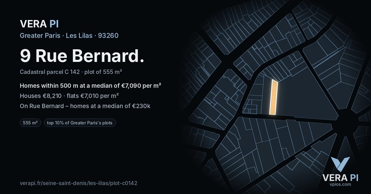 9 Rue Bernard, Les Lilas at night – the plot lit, the parcels around coloured by the prices near them