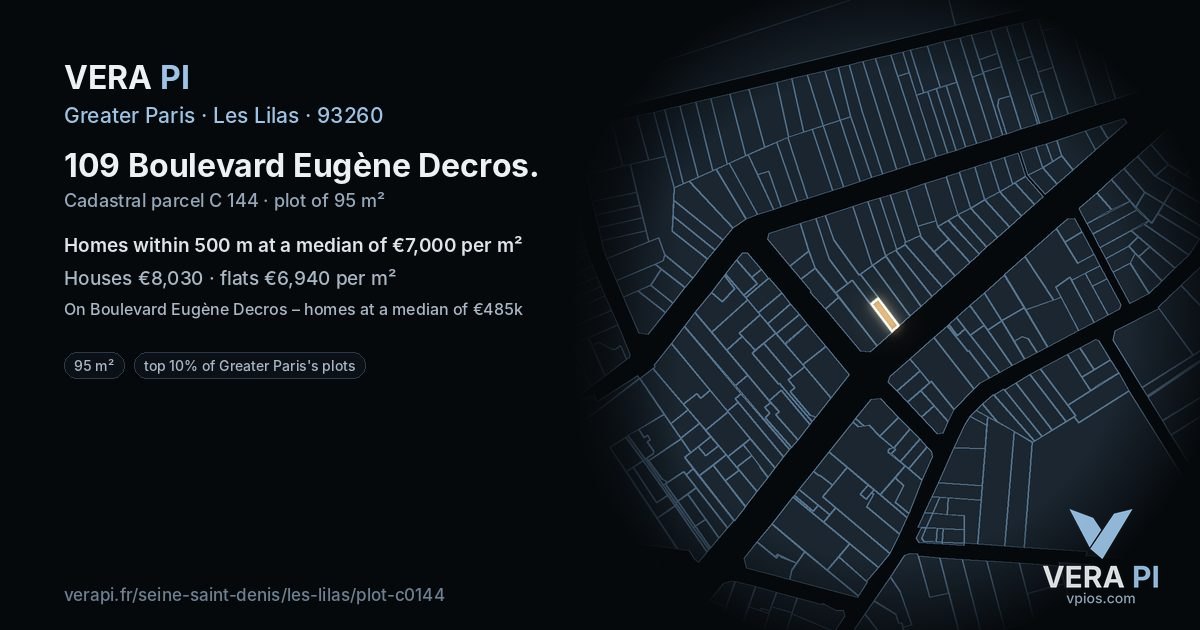 109 Boulevard Eugène Decros, Les Lilas at night – the plot lit, the parcels around coloured by the prices near them