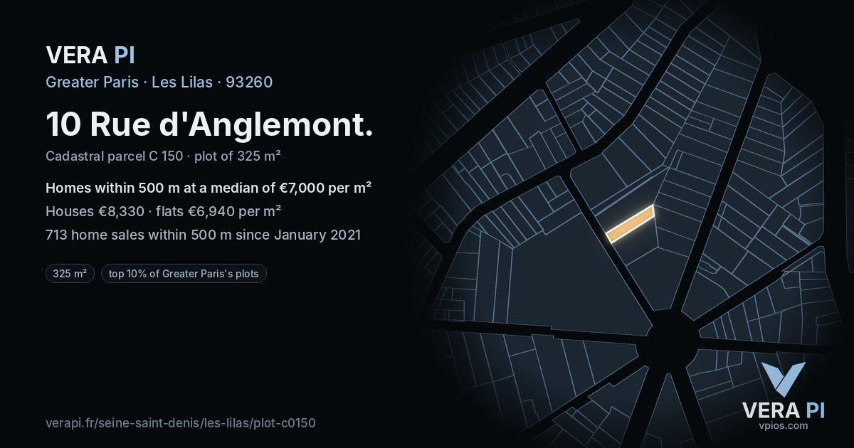 10 Rue d'Anglemont, Les Lilas at night – the plot lit, the parcels around coloured by the prices near them