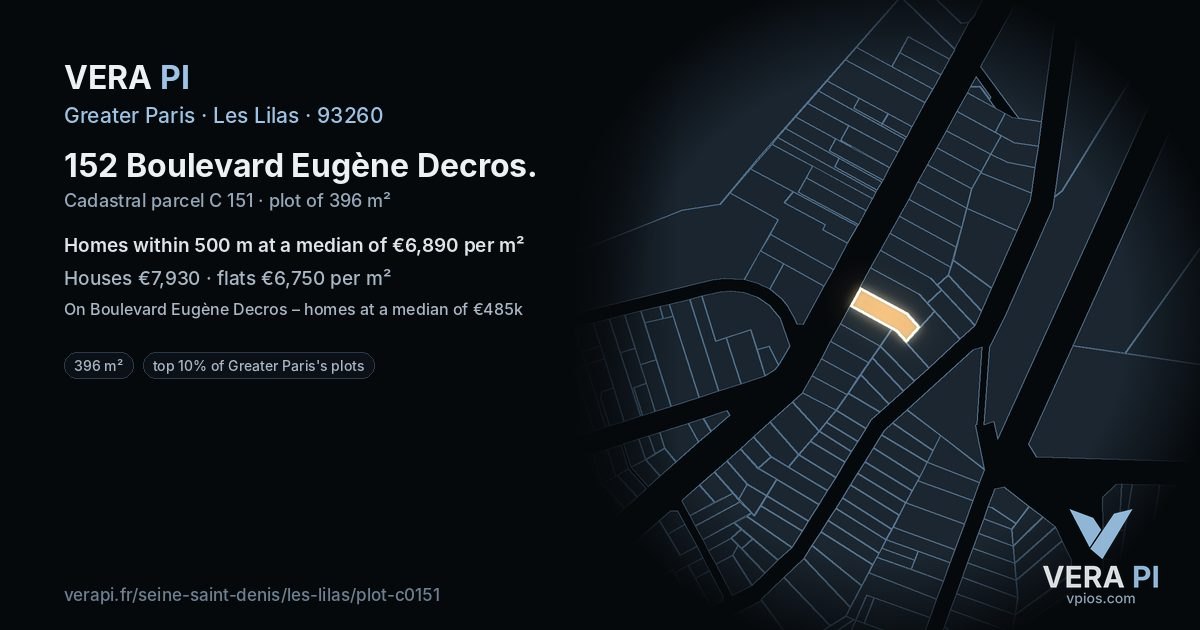 152 Boulevard Eugène Decros, Les Lilas at night – the plot lit, the parcels around coloured by the prices near them