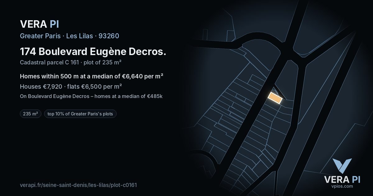 174 Boulevard Eugène Decros, Les Lilas at night – the plot lit, the parcels around coloured by the prices near them