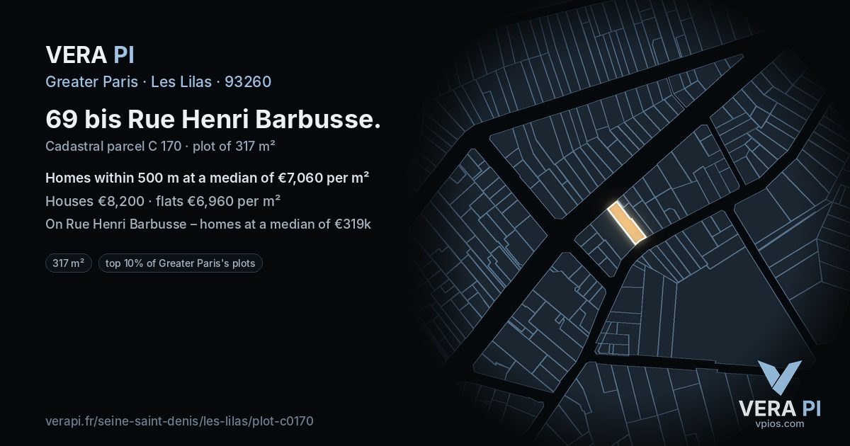 69 bis Rue Henri Barbusse, Les Lilas at night – the plot lit, the parcels around coloured by the prices near them