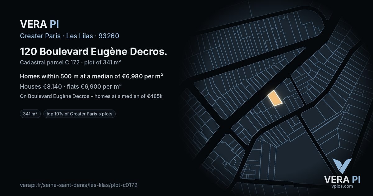 120 Boulevard Eugène Decros, Les Lilas at night – the plot lit, the parcels around coloured by the prices near them