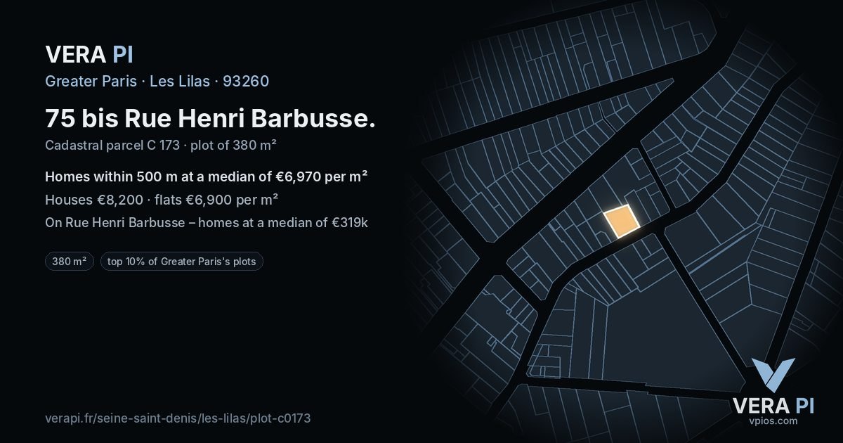 75 bis Rue Henri Barbusse, Les Lilas at night – the plot lit, the parcels around coloured by the prices near them