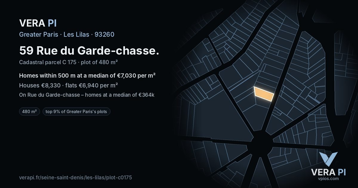 59 Rue du Garde-chasse, Les Lilas at night – the plot lit, the parcels around coloured by the prices near them