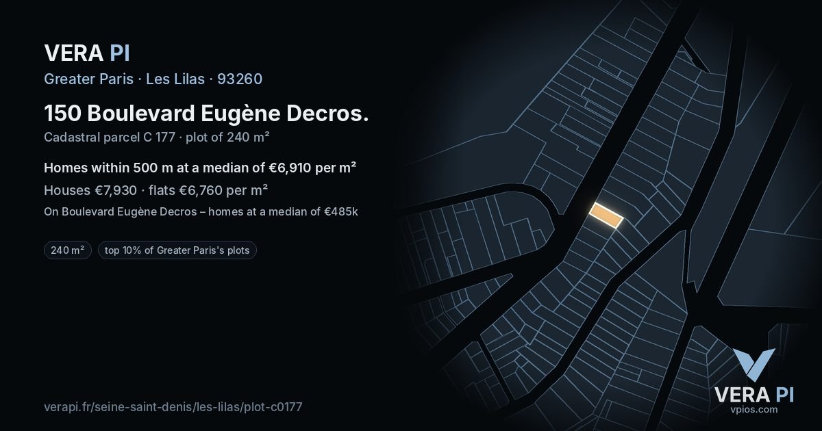 150 Boulevard Eugène Decros, Les Lilas at night – the plot lit, the parcels around coloured by the prices near them
