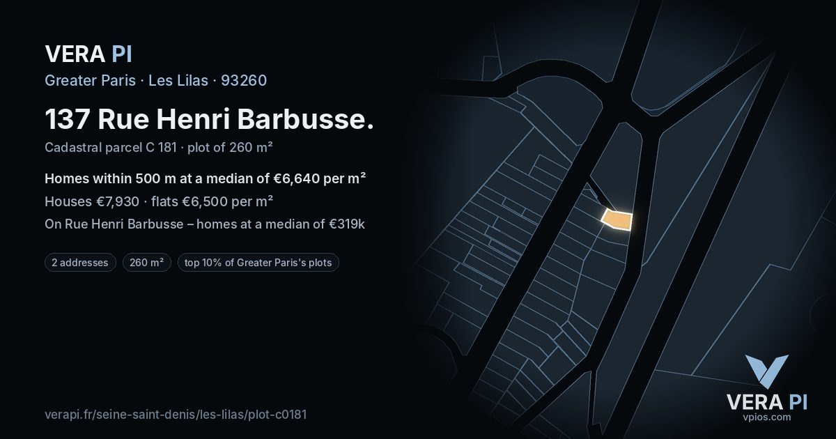 137 Rue Henri Barbusse, Les Lilas at night – the plot lit, the parcels around coloured by the prices near them