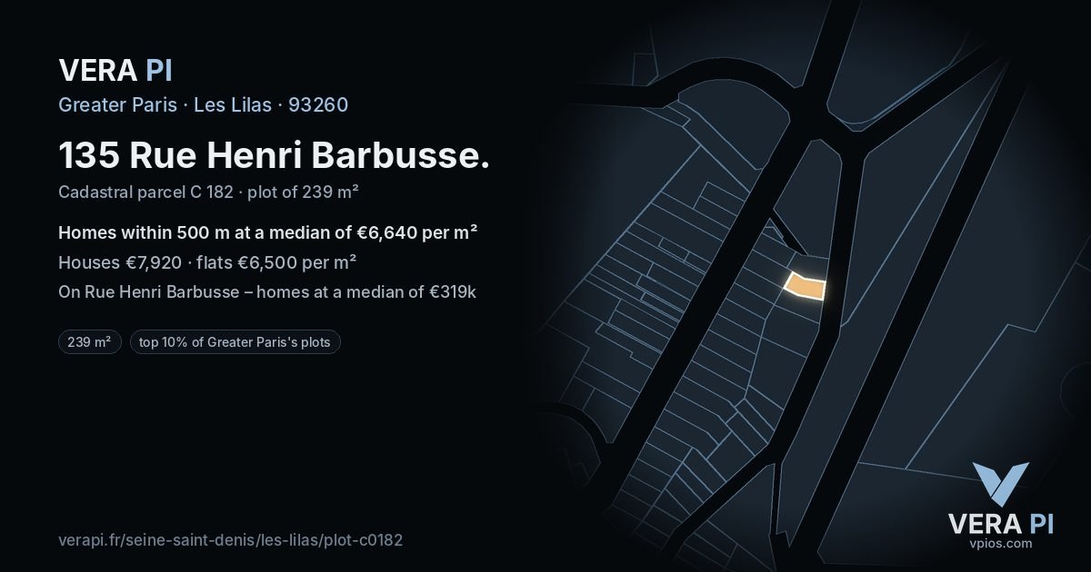 135 Rue Henri Barbusse, Les Lilas at night – the plot lit, the parcels around coloured by the prices near them