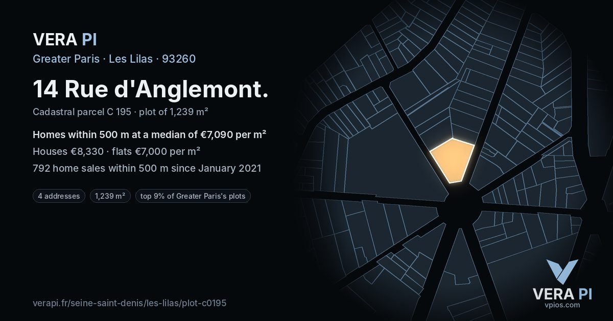 14 Rue d'Anglemont, Les Lilas at night – the plot lit, the parcels around coloured by the prices near them