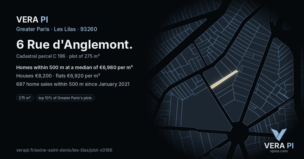 6 Rue d'Anglemont, Les Lilas at night – the plot lit, the parcels around coloured by the prices near them