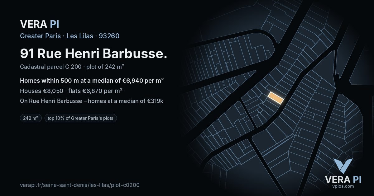 91 Rue Henri Barbusse, Les Lilas at night – the plot lit, the parcels around coloured by the prices near them