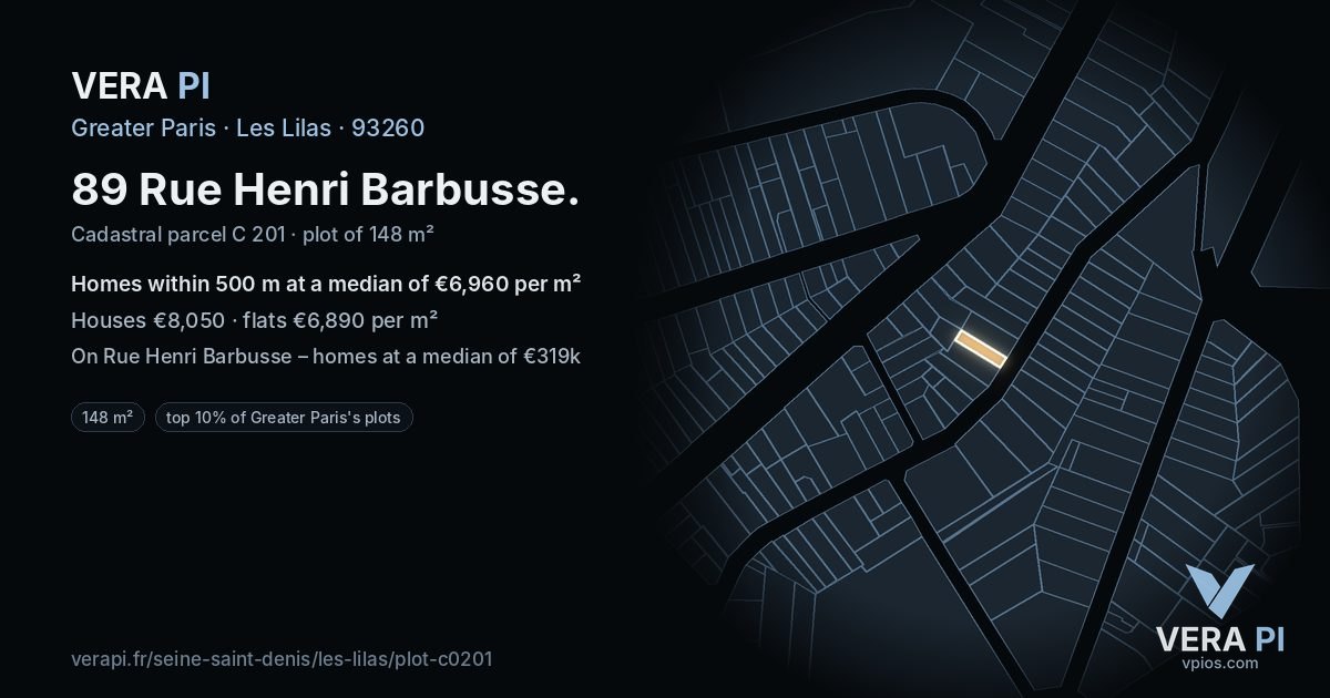 89 Rue Henri Barbusse, Les Lilas at night – the plot lit, the parcels around coloured by the prices near them