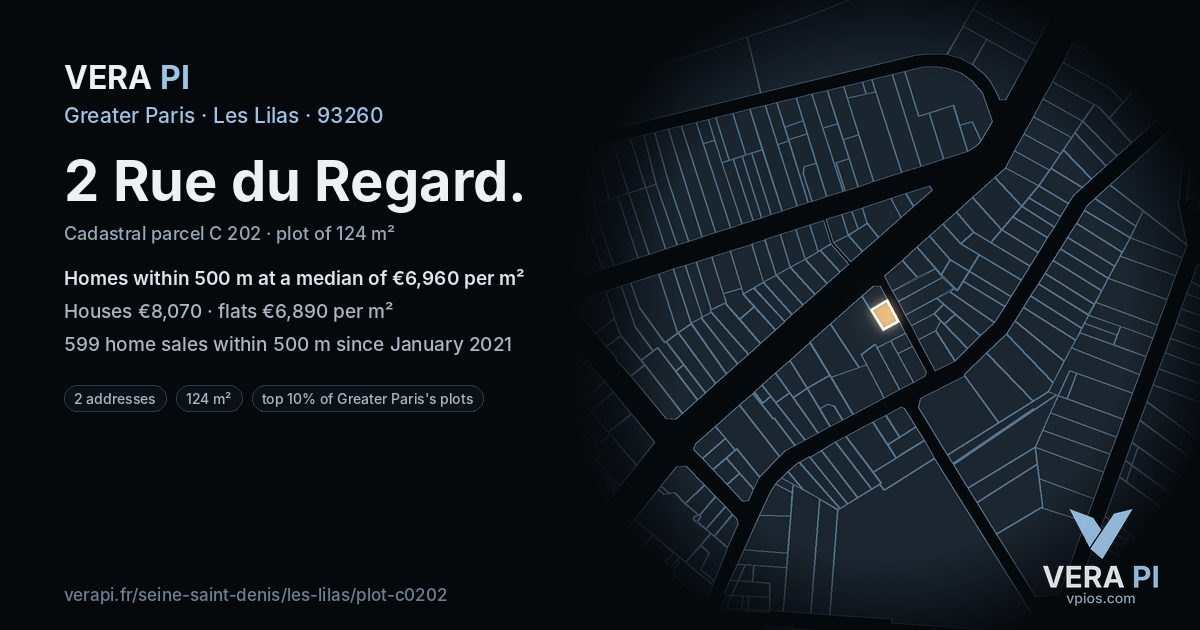 2 Rue du Regard, Les Lilas at night – the plot lit, the parcels around coloured by the prices near them