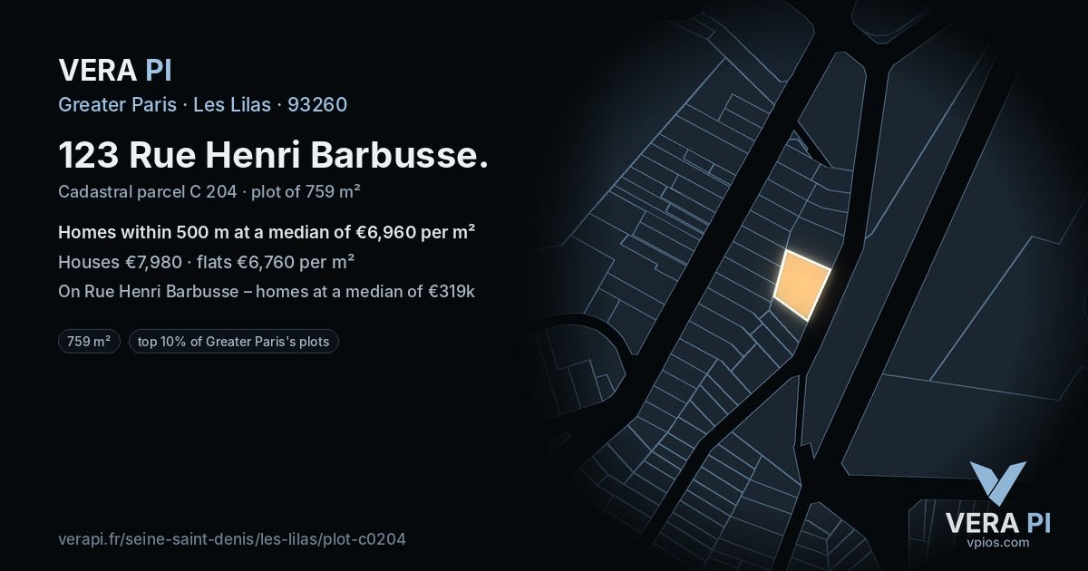 123 Rue Henri Barbusse, Les Lilas at night – the plot lit, the parcels around coloured by the prices near them