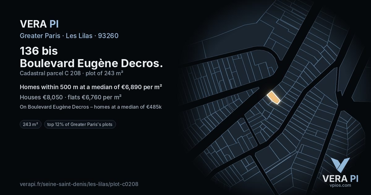 136 bis Boulevard Eugène Decros, Les Lilas at night – the plot lit, the parcels around coloured by the prices near them