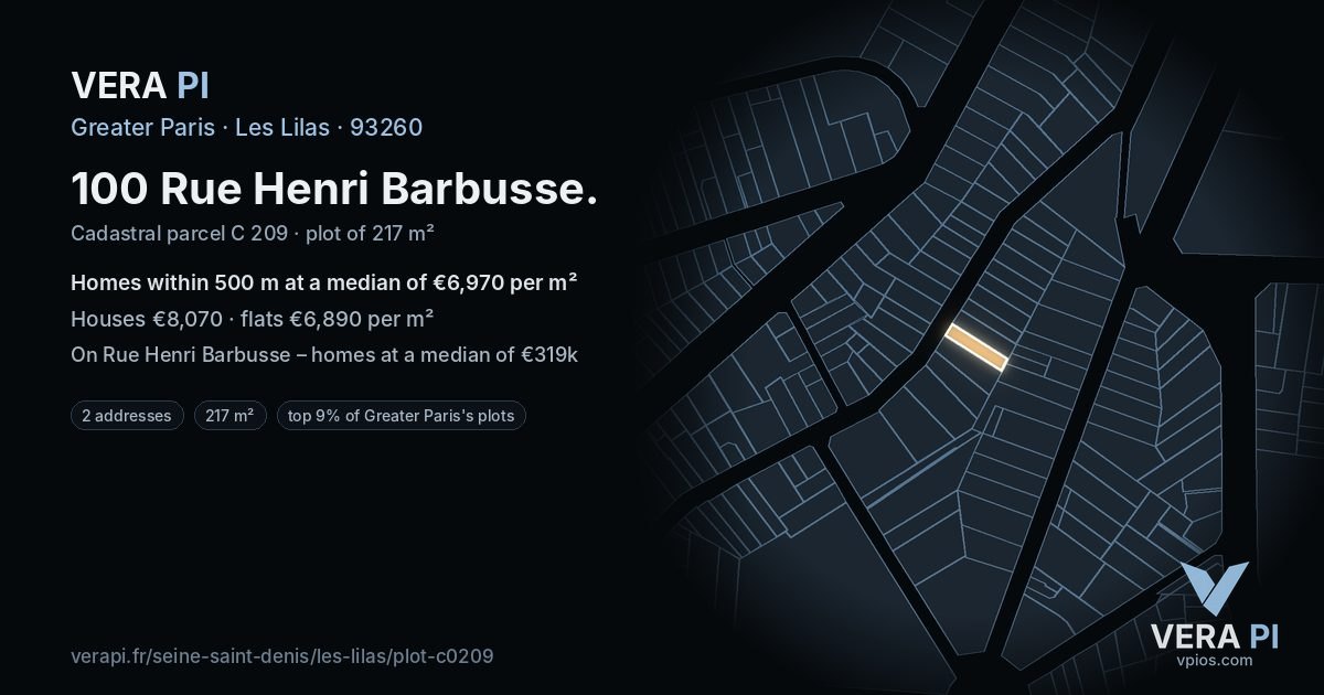 100 Rue Henri Barbusse, Les Lilas at night – the plot lit, the parcels around coloured by the prices near them