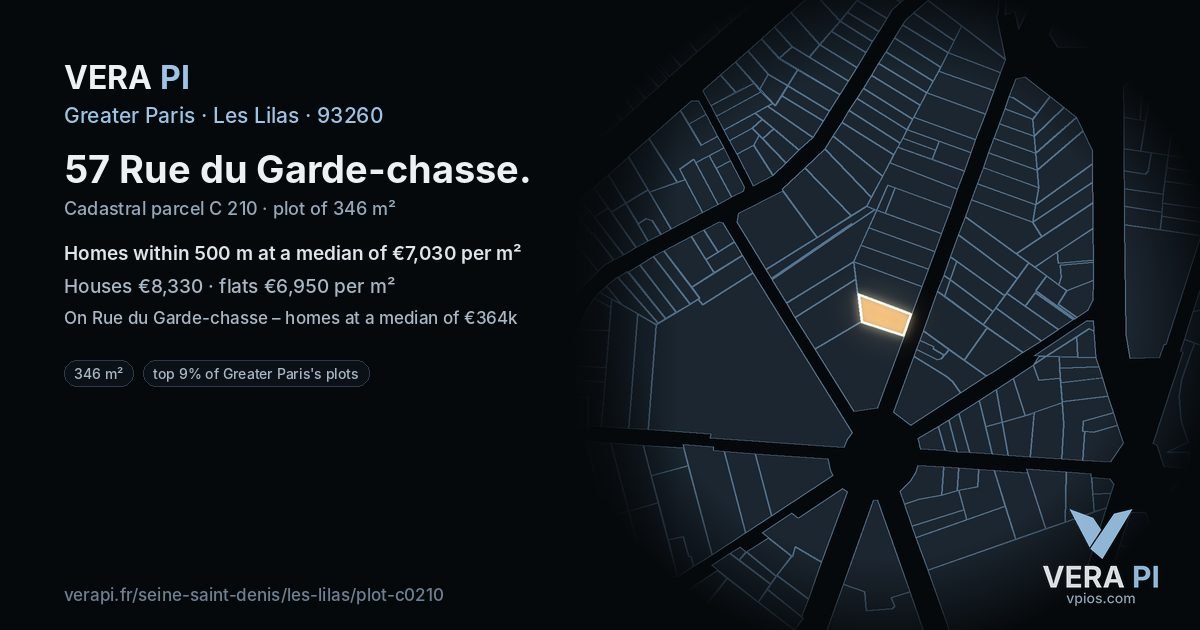 57 Rue du Garde-chasse, Les Lilas at night – the plot lit, the parcels around coloured by the prices near them