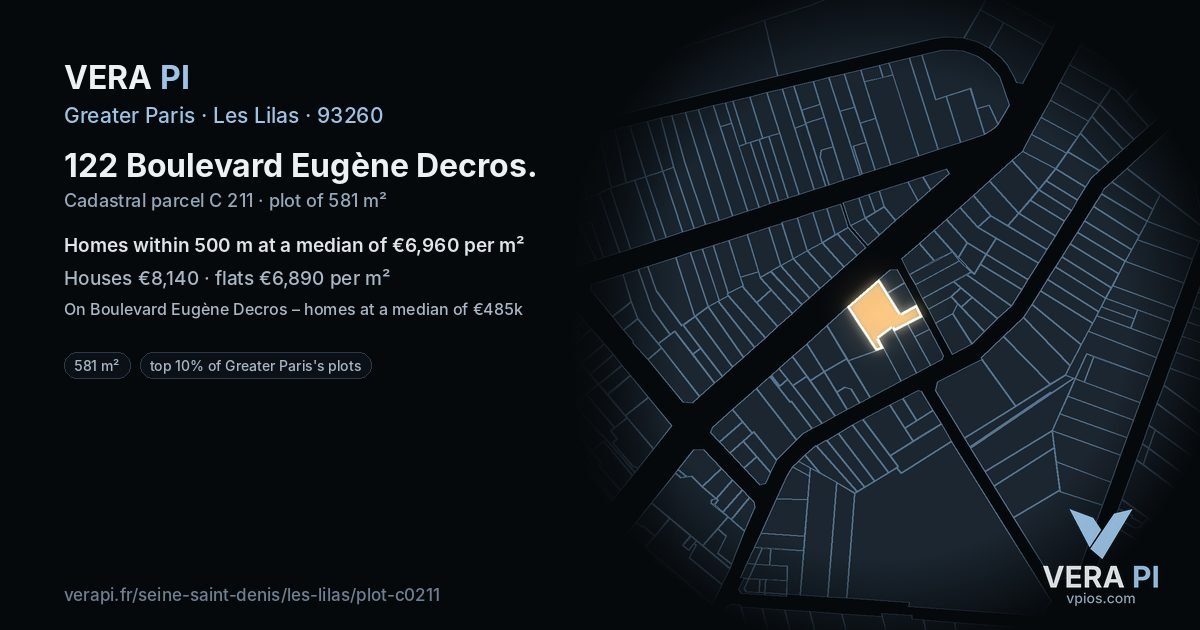 122 Boulevard Eugène Decros, Les Lilas at night – the plot lit, the parcels around coloured by the prices near them