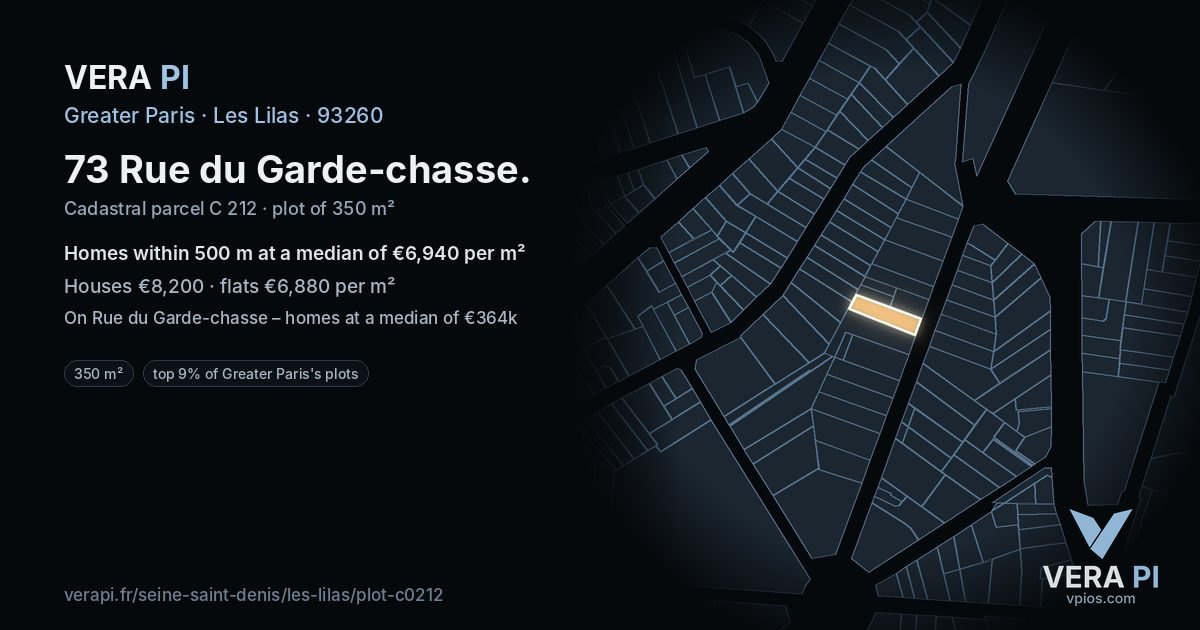 73 Rue du Garde-chasse, Les Lilas at night – the plot lit, the parcels around coloured by the prices near them