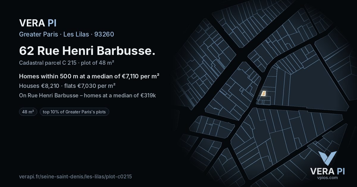 62 Rue Henri Barbusse, Les Lilas at night – the plot lit, the parcels around coloured by the prices near them