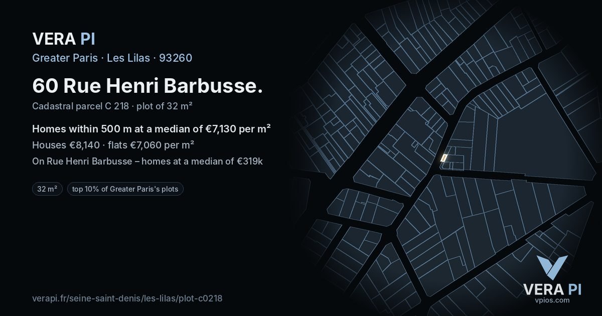 60 Rue Henri Barbusse, Les Lilas at night – the plot lit, the parcels around coloured by the prices near them