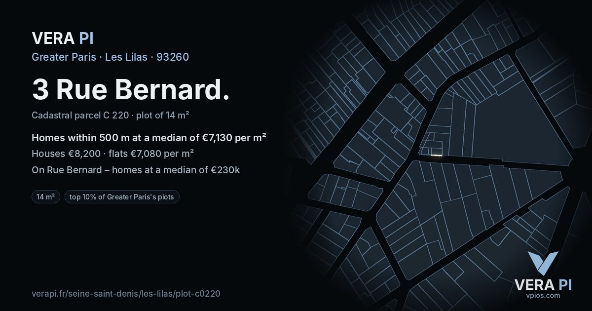 3 Rue Bernard, Les Lilas at night – the plot lit, the parcels around coloured by the prices near them