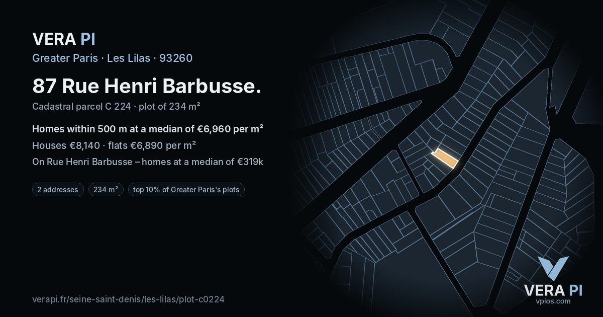87 Rue Henri Barbusse, Les Lilas at night – the plot lit, the parcels around coloured by the prices near them