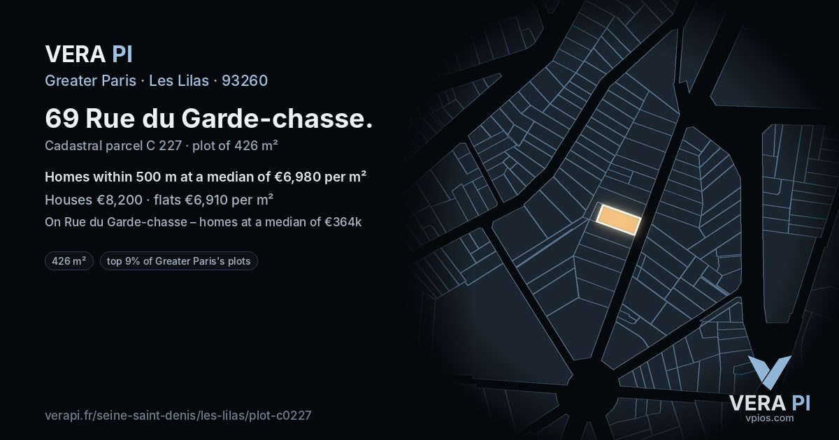 69 Rue du Garde-chasse, Les Lilas at night – the plot lit, the parcels around coloured by the prices near them