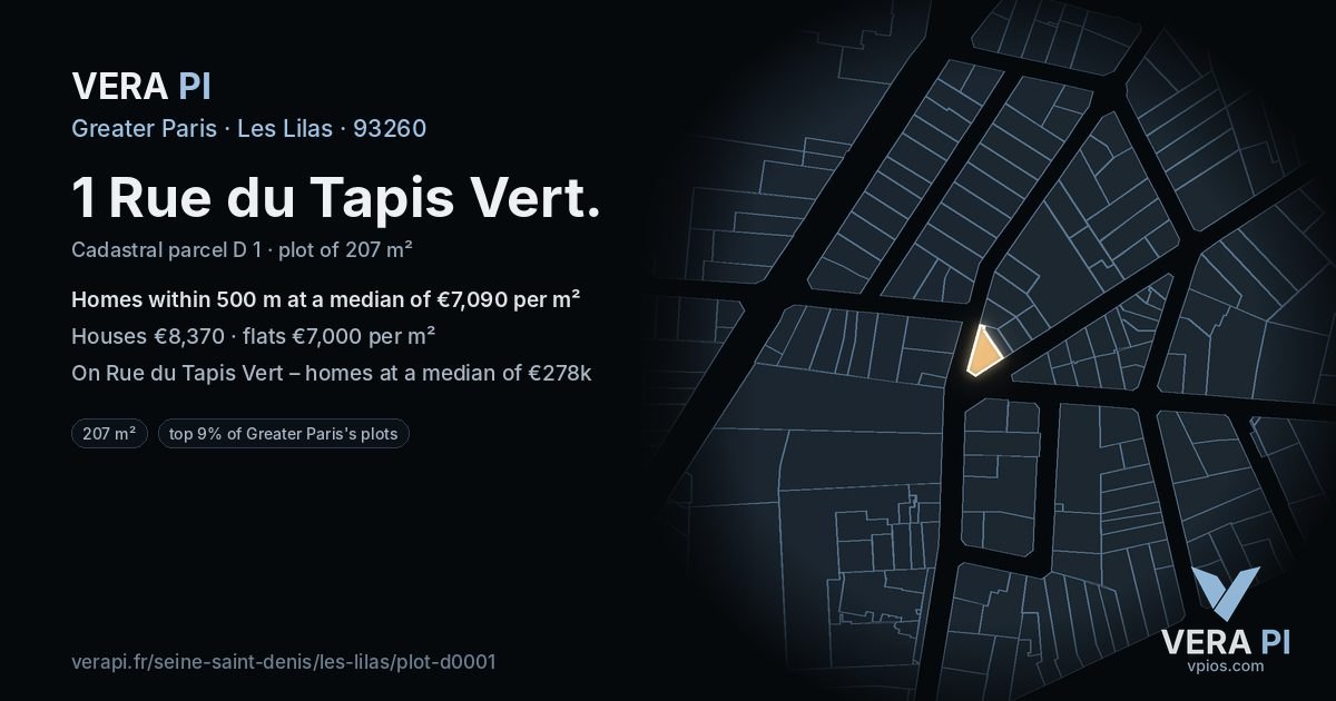 1 Rue du Tapis Vert, Les Lilas at night – the plot lit, the parcels around coloured by the prices near them