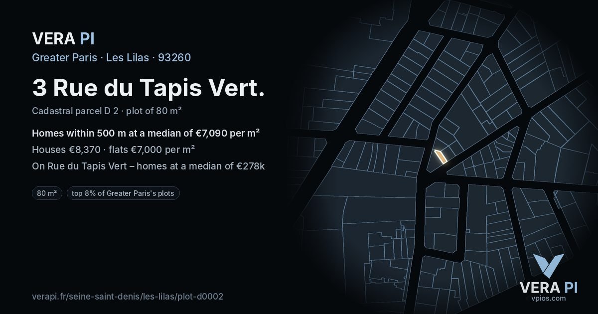 3 Rue du Tapis Vert, Les Lilas at night – the plot lit, the parcels around coloured by the prices near them