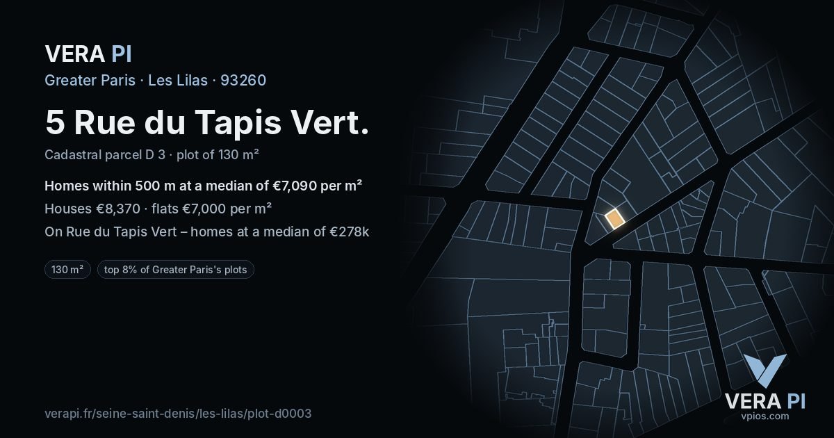5 Rue du Tapis Vert, Les Lilas at night – the plot lit, the parcels around coloured by the prices near them