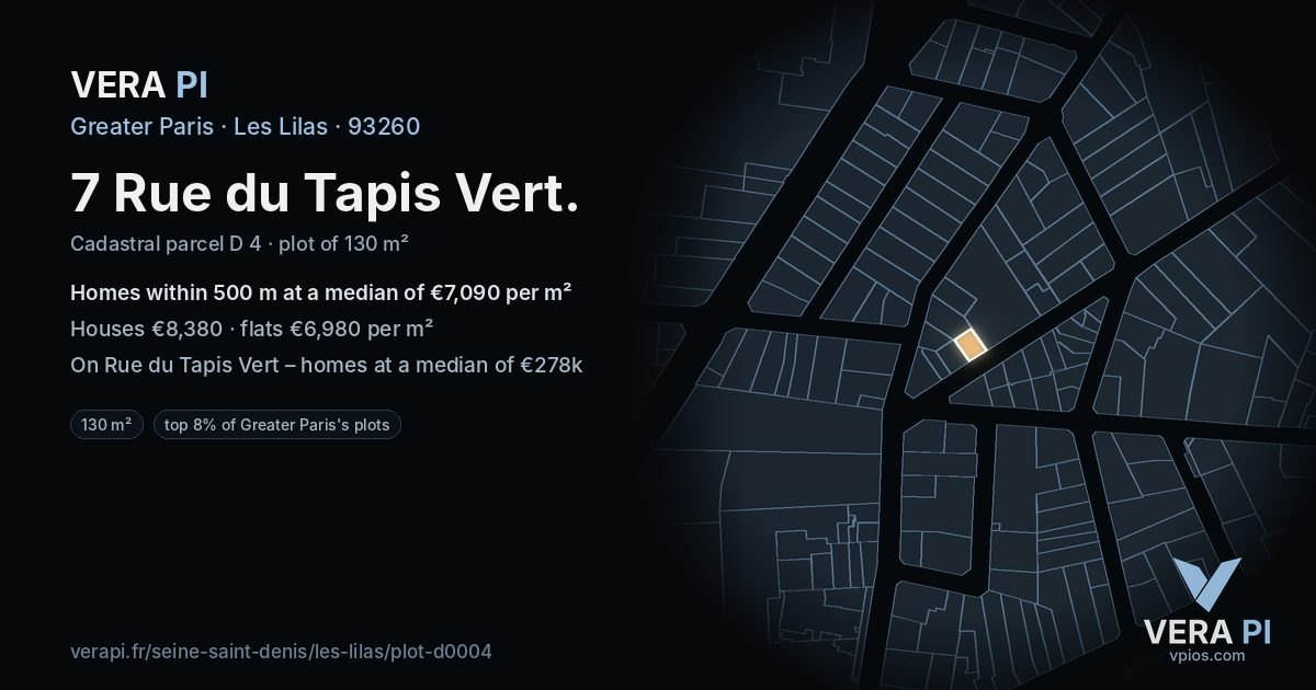 7 Rue du Tapis Vert, Les Lilas at night – the plot lit, the parcels around coloured by the prices near them