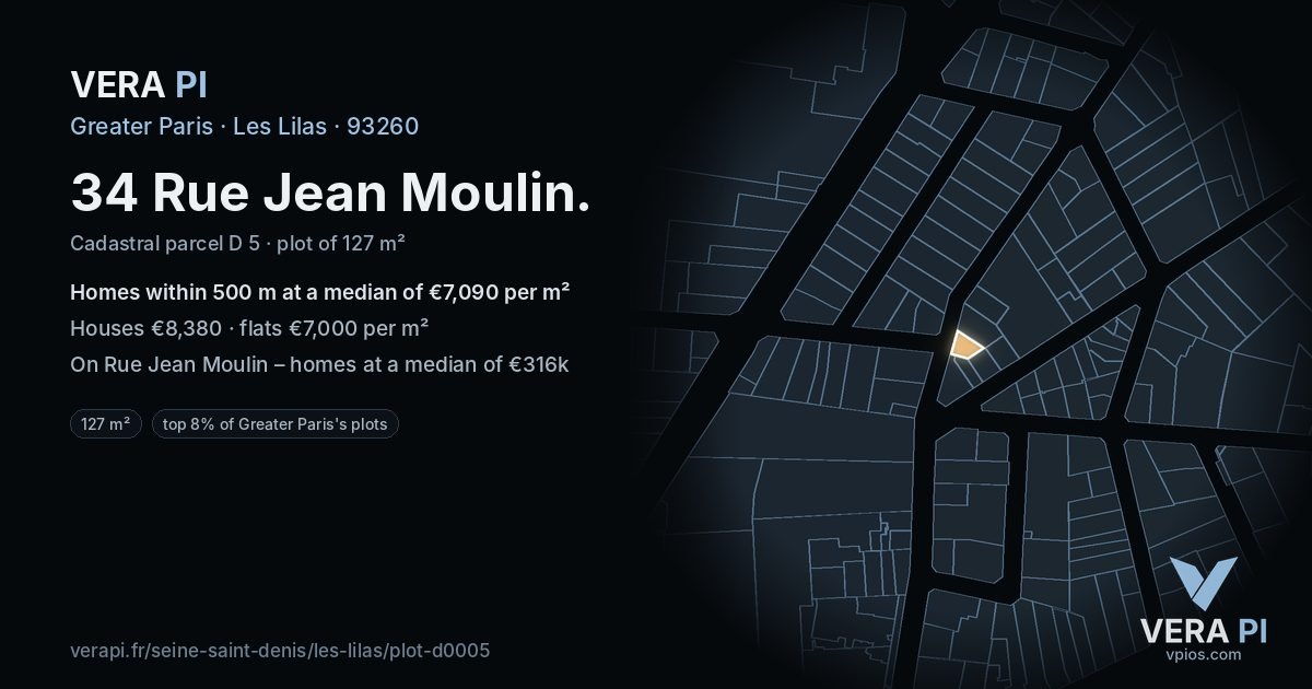 34 Rue Jean Moulin, Les Lilas at night – the plot lit, the parcels around coloured by the prices near them