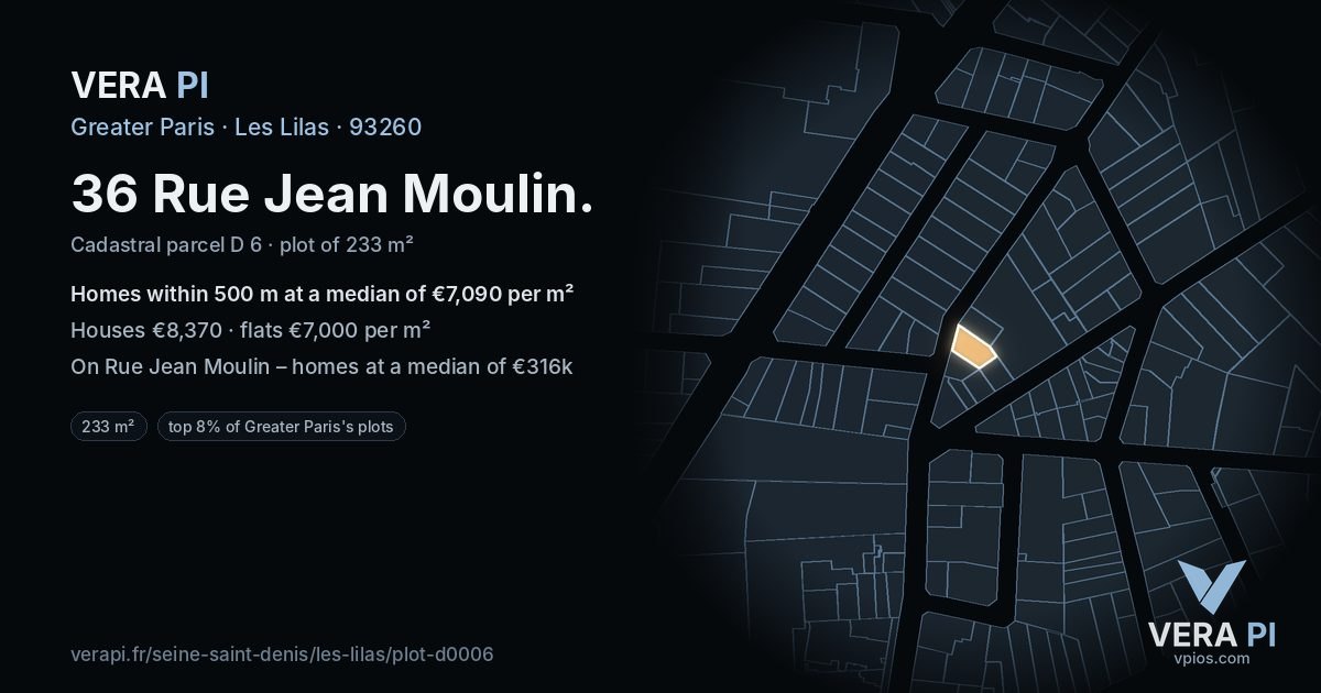 36 Rue Jean Moulin, Les Lilas at night – the plot lit, the parcels around coloured by the prices near them