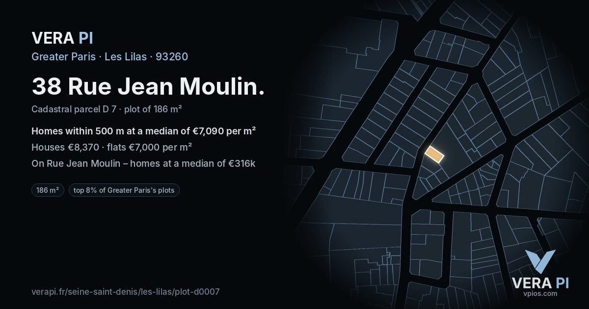 38 Rue Jean Moulin, Les Lilas at night – the plot lit, the parcels around coloured by the prices near them