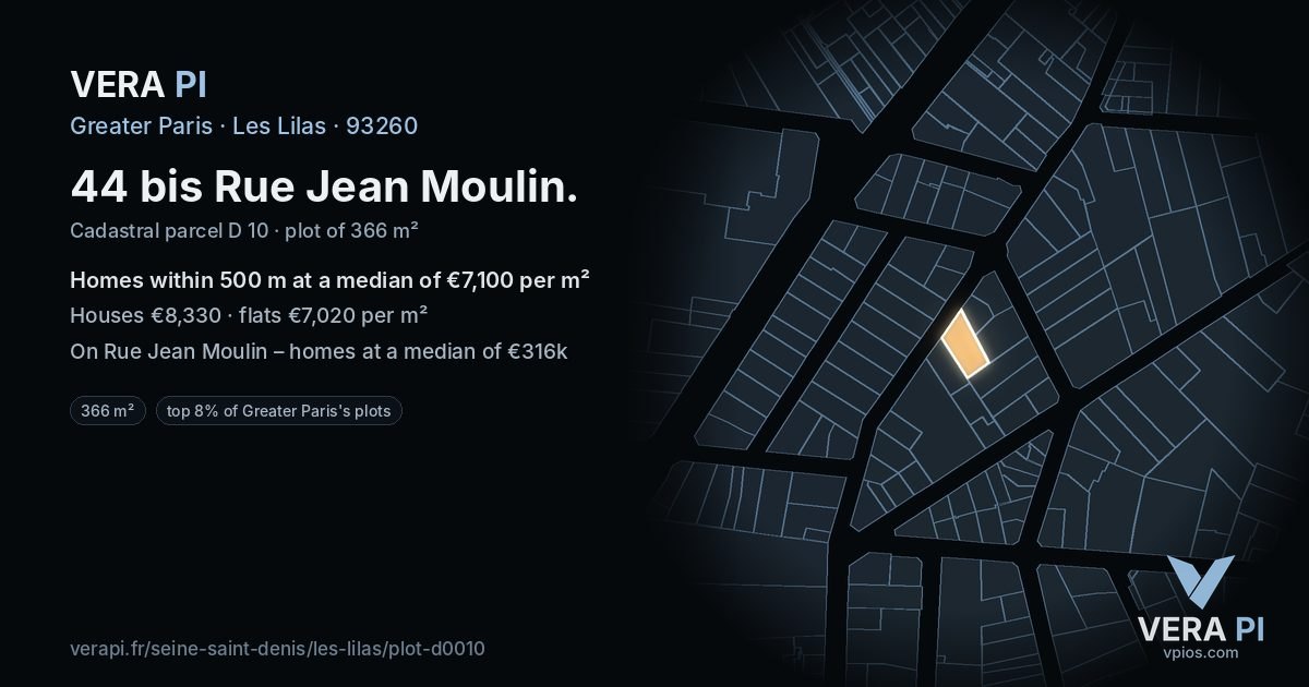 44 bis Rue Jean Moulin, Les Lilas at night – the plot lit, the parcels around coloured by the prices near them