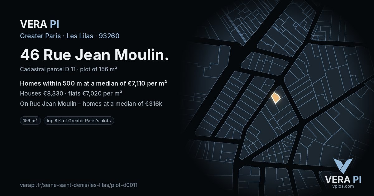 46 Rue Jean Moulin, Les Lilas at night – the plot lit, the parcels around coloured by the prices near them