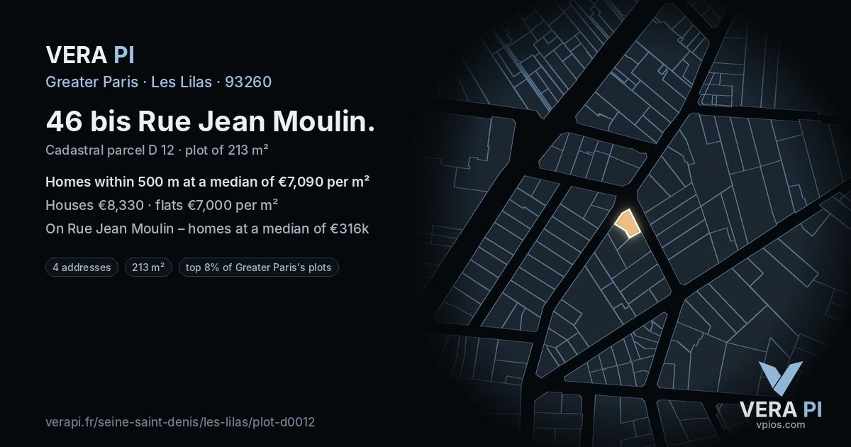 46 bis Rue Jean Moulin, Les Lilas at night – the plot lit, the parcels around coloured by the prices near them