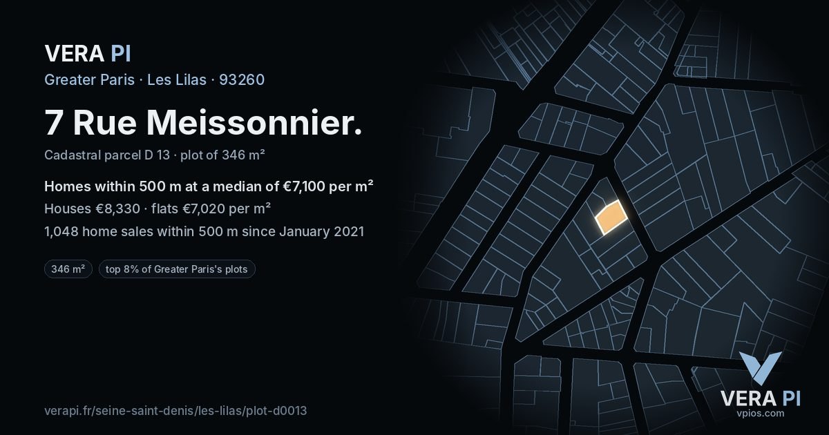7 Rue Meissonnier, Les Lilas at night – the plot lit, the parcels around coloured by the prices near them