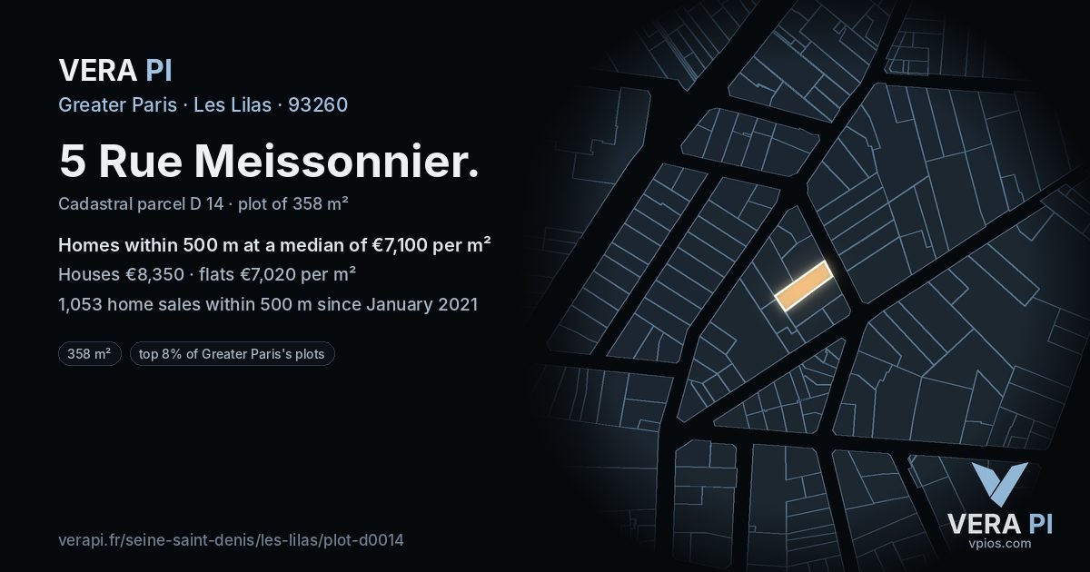 5 Rue Meissonnier, Les Lilas at night – the plot lit, the parcels around coloured by the prices near them