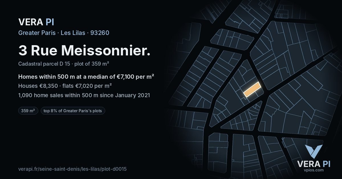 3 Rue Meissonnier, Les Lilas at night – the plot lit, the parcels around coloured by the prices near them